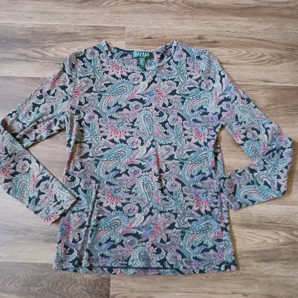 Ralph Lauren Sz PM Multicolor Paisley Cotton Top Shirt Blouse Long Sleeve